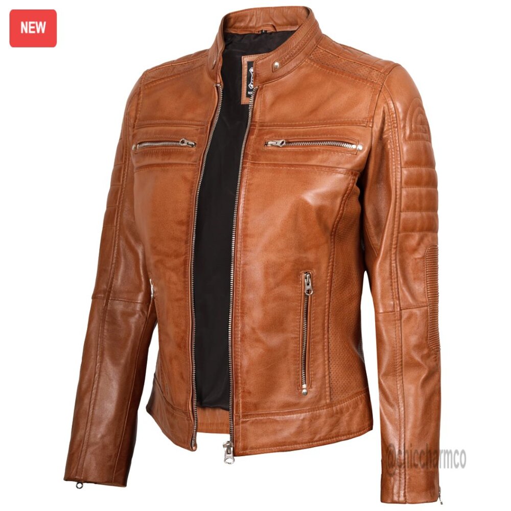 Lambskin Leather Jacket Cafe Racer Style Stand Collar Classic Chic